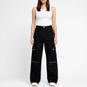 Womens Wide Leg Cargo Boyfriend Pants Loose Hip Hop Streetwear 9 29x30 Black NWT